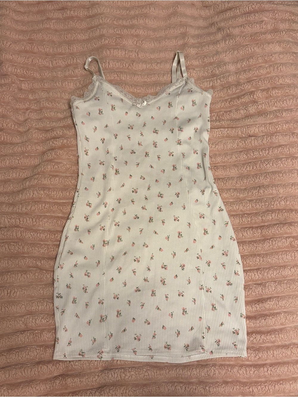 H&M White Ribbed Slip Dress with Pink Floral Print